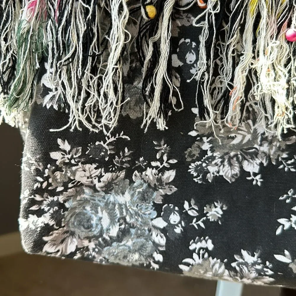AMERICA & BEYOND Women's Cotton Floral Fringe Medallion Boho Tote Bag Black